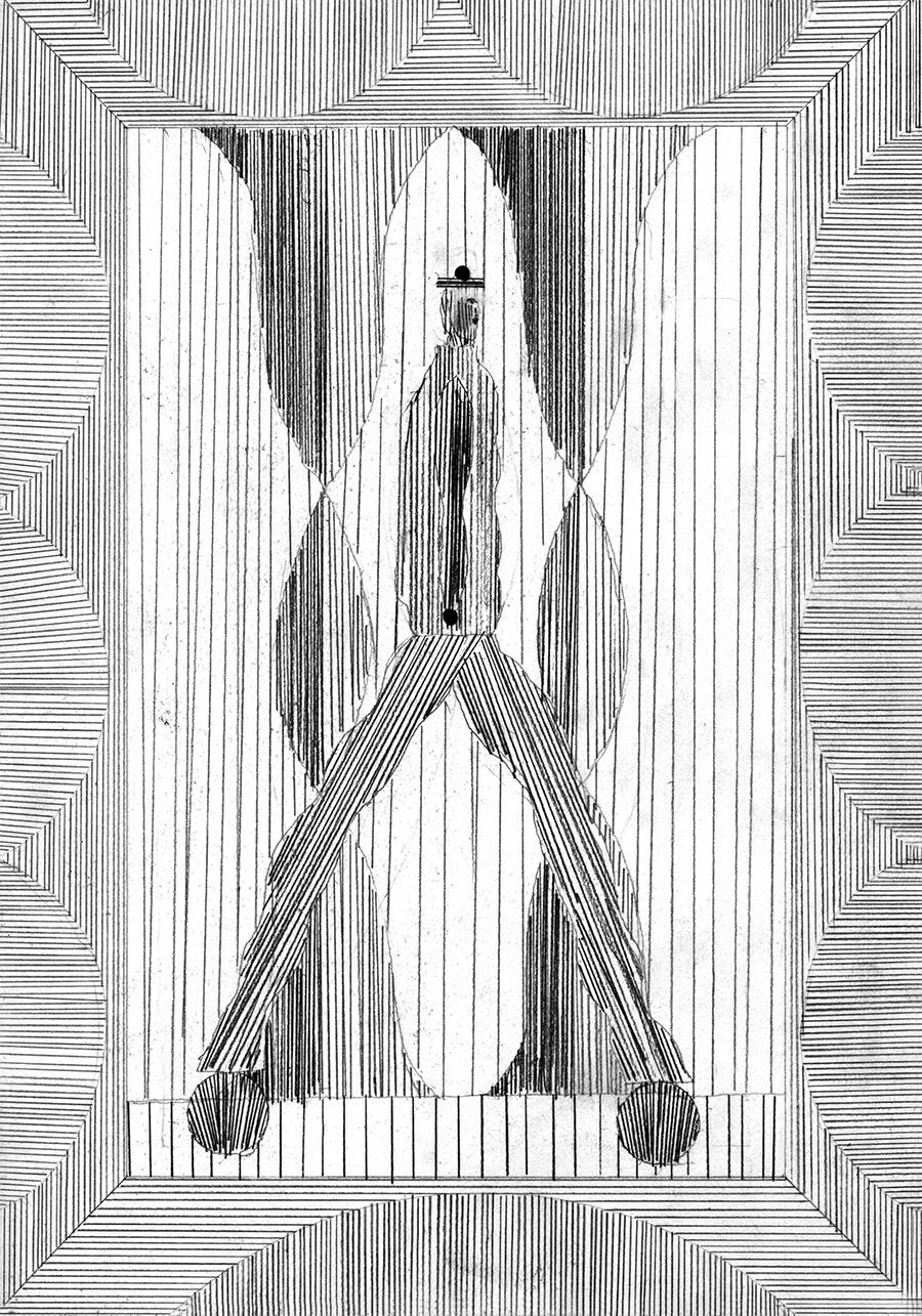 A black and white illustration of a figure with elongated legs standing in a symmetrical, architectural space. The image is composed of dense, vertical and radiating lines that create a sense of depth and optical vibration.