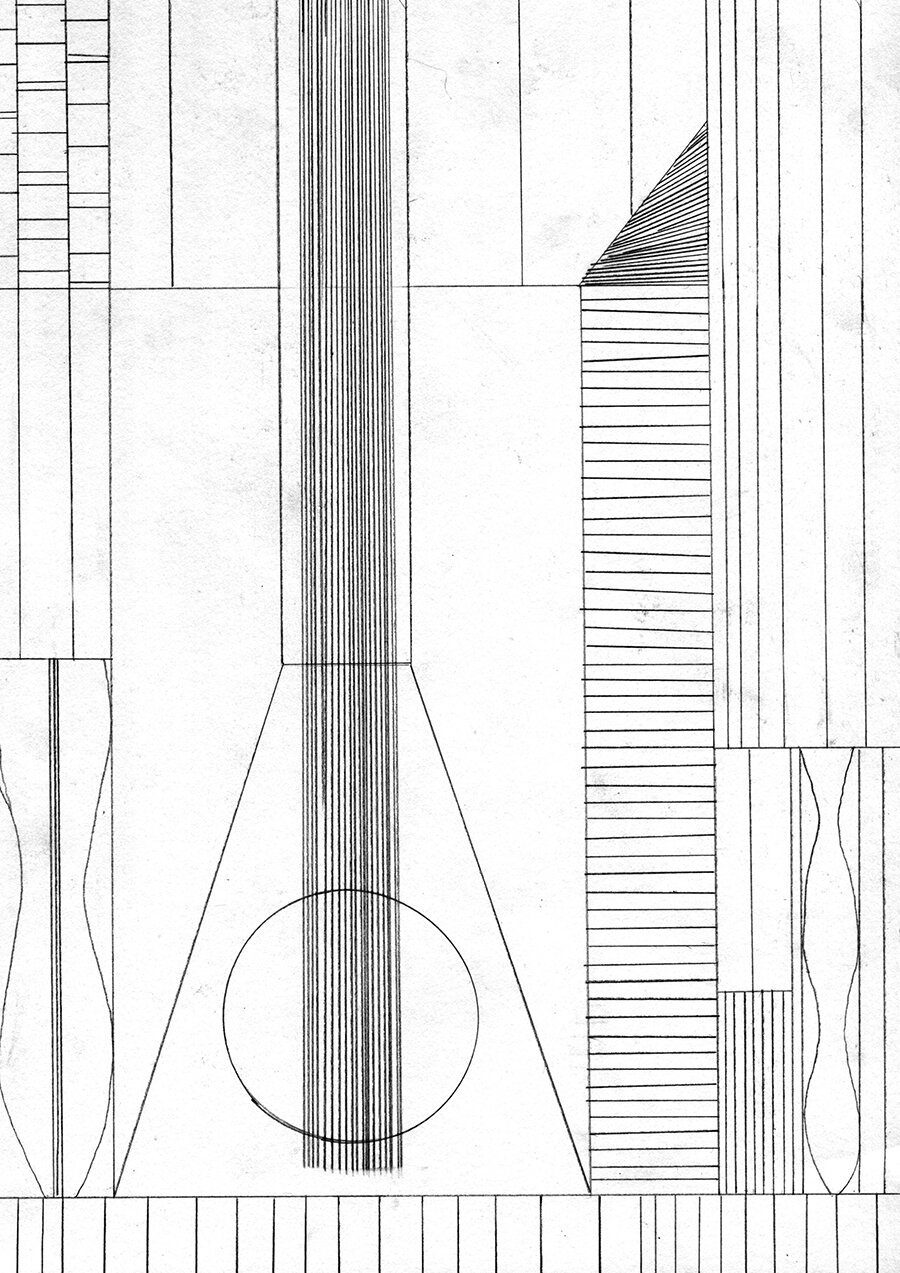 A black and white line drawing featuring a series of geometric shapes and patterns. A central column of vertical lines is framed by a large triangle and a circle.