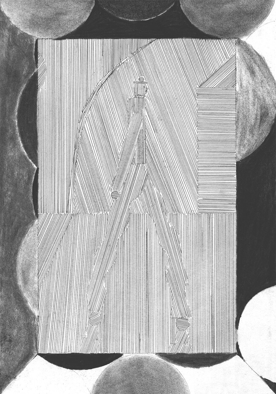 A black and white illustration of a stylised figure composed of dense, linear hatching. The figure stands within a rectangular frame, surrounded by a border of large, shaded spheres.