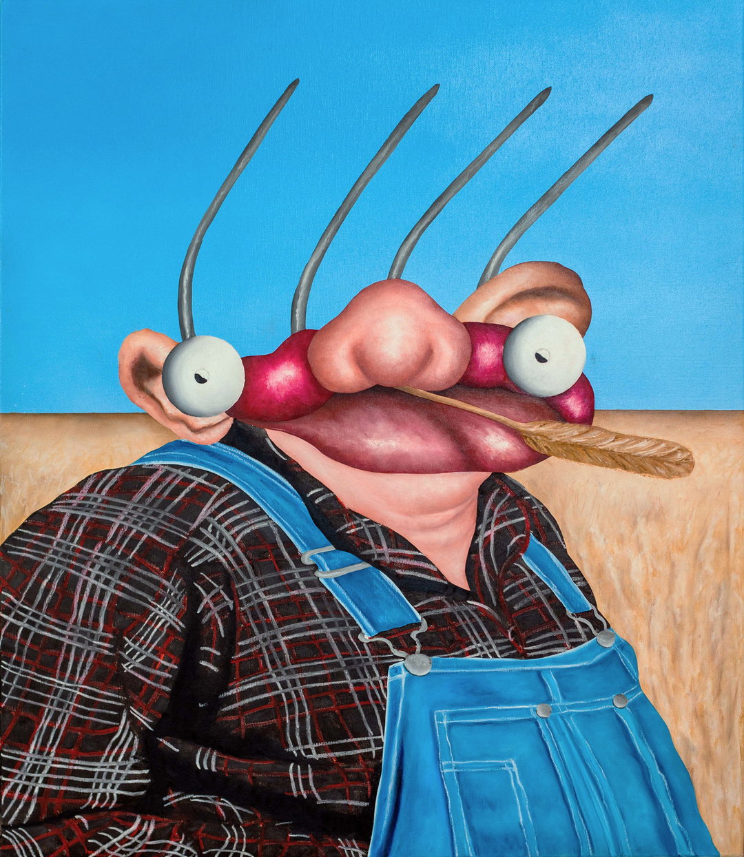 A painting of a surreal figure with a large, bulbous red nose and wide, staring eyes. They wear blue denim overalls over a dark plaid shirt and hold a piece of straw in their mouth.