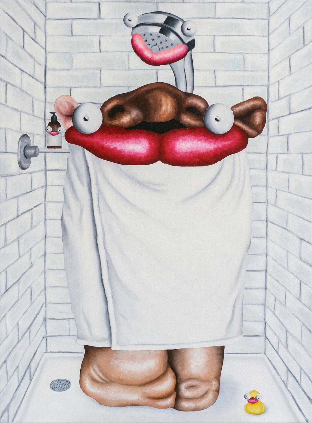 A painting of a surreal, fleshy figure wrapped in a white towel, standing in a white tiled shower. The figure has large, bulging eyes and oversized red lips, with a showerhead positioned directly above its head. A small yellow rubber duck sits on the floor beside its rounded feet.
