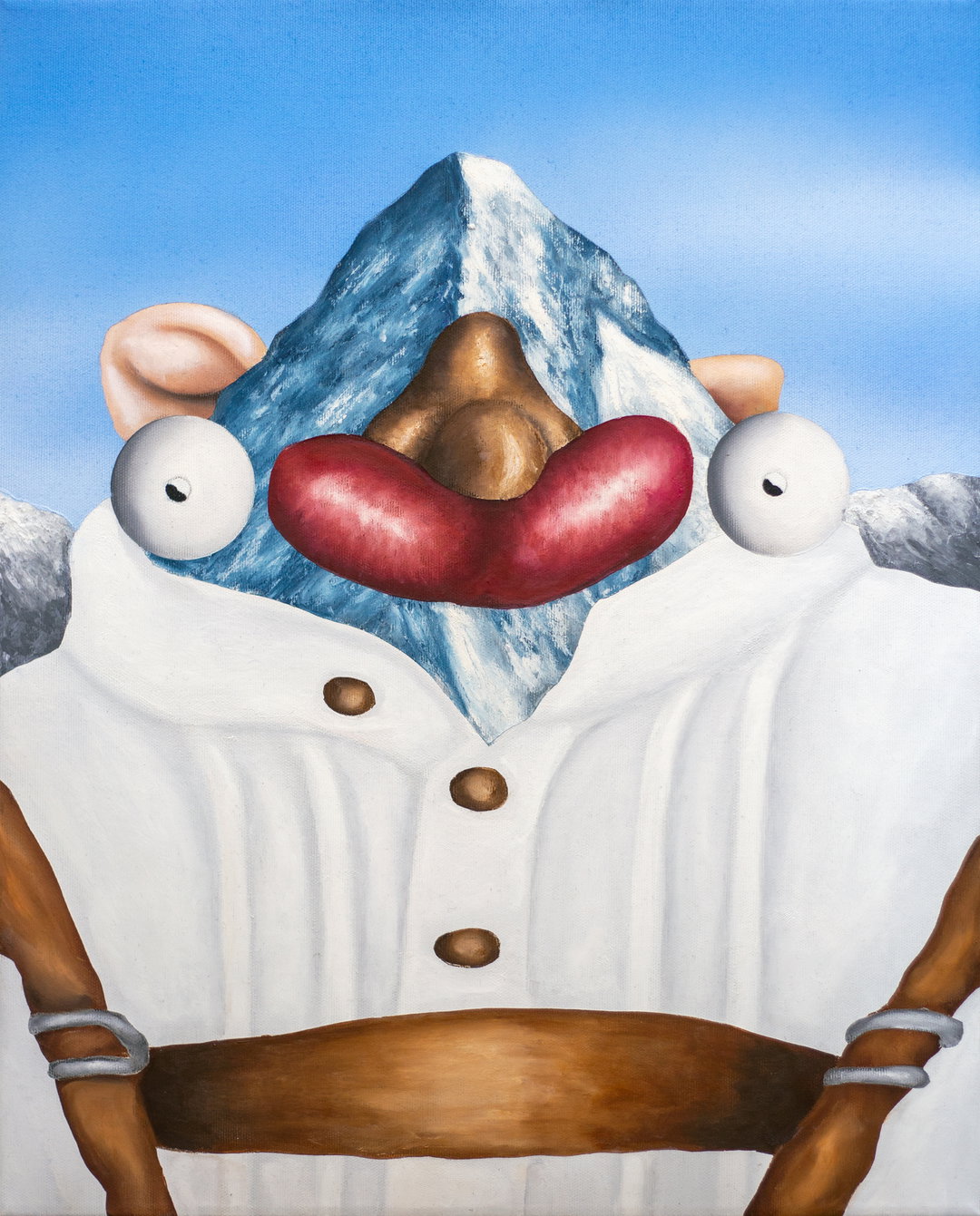A painting of a surreal figure with a blue, mountain-shaped head and large, bulging white eyes. They wear a white button-down shirt and a thick brown leather belt.