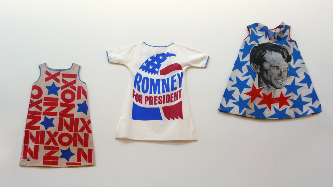 1968 political paper dresses for Richard Nixon, George Romney and Robert F. Kennedy supporters. Displayed in MUDAM, the Museum of Modern Art, Luxembourg, from the ATOPOS Collection, Athens_elizabeth goodspeed political merch itsnicethat.jpg