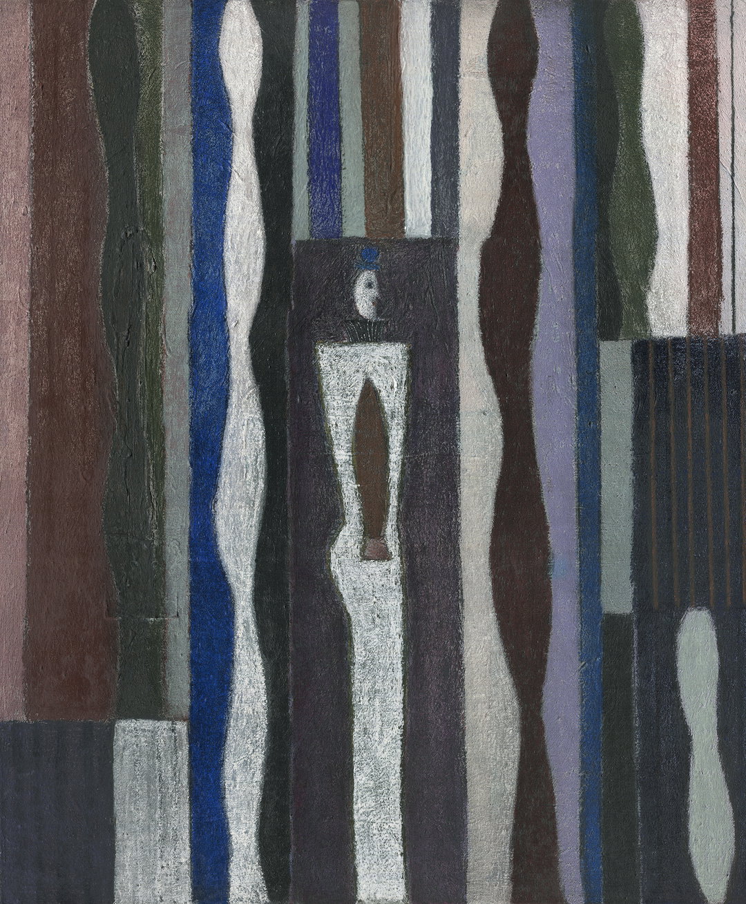 An abstract painting featuring a series of vertical, undulating stripes in muted tones of blue, brown, grey and white. In the centre, a dark rectangular block contains a simplified, white humanoid figure.