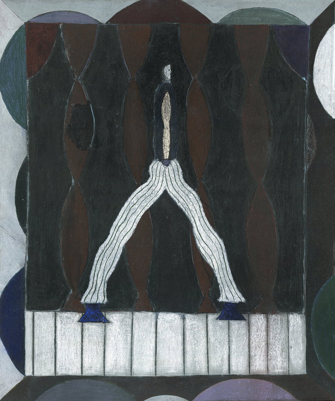 A painting of a stylised figure with a dark torso and wide, striped white trousers. They stand with legs spread wide against a backdrop of dark, undulating vertical shapes.