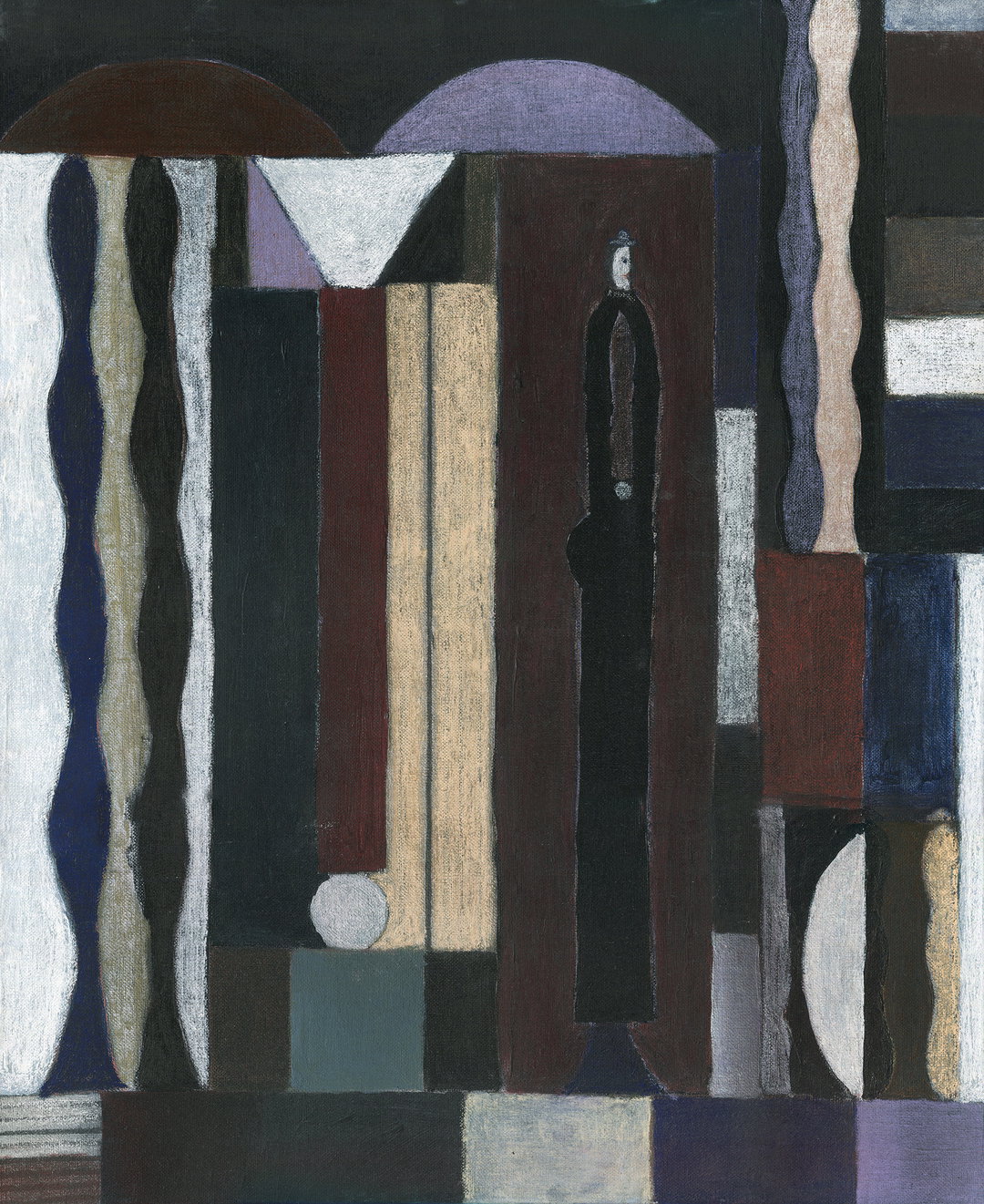 An abstract painting featuring a tall, slender figure in black standing within a composition of vertical blocks and wavy lines. The palette consists of muted purples, browns, and greys, with a pale circle resting near the bottom.