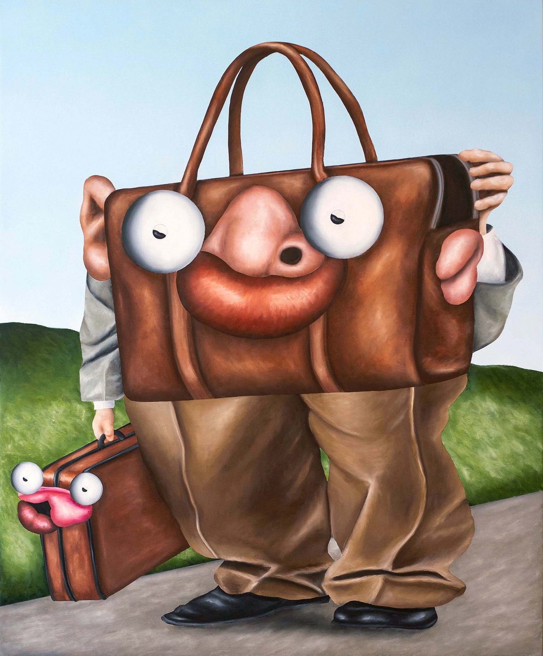 A painting of a figure whose head is a large brown leather handbag with eyes, a nose and a mouth. They wear a grey jacket and baggy brown trousers, holding a smaller suitcase that also has a face.