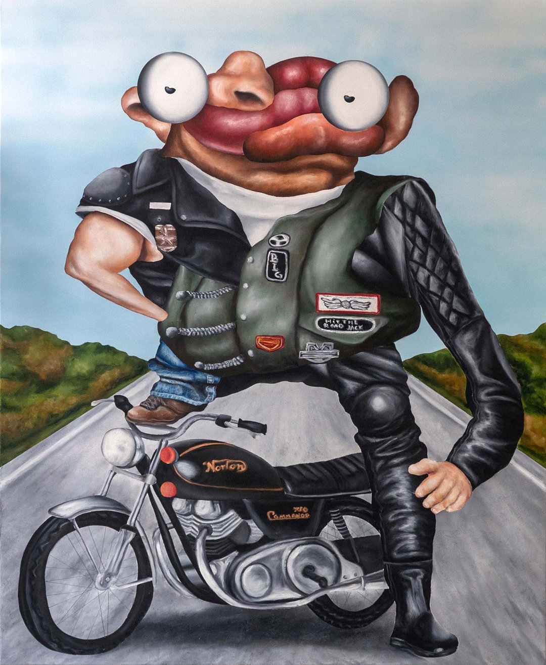 A painting of a surreal figure with a distorted, fleshy face and large bulging eyes. They wear a leather biker jacket and vest, posing beside a black Norton motorcycle on a quiet road.