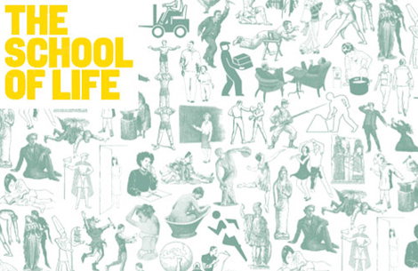A yellow block of text reads “THE SCHOOL OF LIFE”. Beside it, a collage of small, pale green illustrations shows people in various poses, including figures lounging, working and interacting.