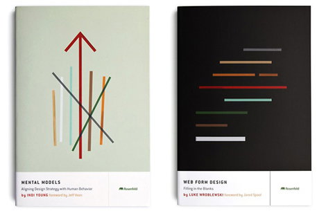 Two book covers side by side. The first has a pale green cover with a red arrow pointing upwards through a series of colourful lines, titled “Mental Models” by Indi Young. The second has a black cover with a series of horizontal coloured lines, titled “Web Form Design” by Luke Wroblewski.