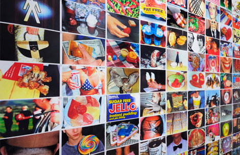 A grid of small, colourful photographs and advertisements creates a dense collage. Images include food, people, and a “Sugar Free Jell-O” product shot.