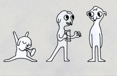 A black and white illustration of three surreal, white figures against a grey background. One figure plays a trumpet, another holds a small rectangular object, and the third stands still with a wide smile.