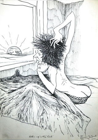 An ink drawing of a person with wild, spiky hair sitting up in bed and stretching one arm overhead. Through a window behind them, a sun rises over the horizon. Handwritten text at the bottom reads “Waking up in the Week”.