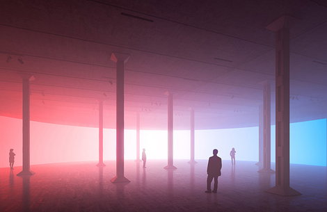 A 3D render of a vast, misty hall with tall concrete pillars. Several silhouetted figures stand spaced apart across a reflective floor, bathed in a gradient of red and blue light.