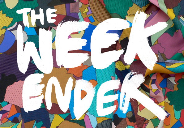 Bold white hand-painted text reads “THE WEEKENDER” over a colourful, abstract collage. The background consists of overlapping geometric shapes and textured patterns in a vibrant palette.