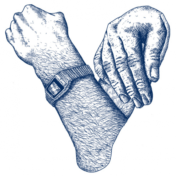 A blue ink illustration of two hairy arms and hands crossing to form a heart shape. One wrist wears a digital watch with a ribbed strap.