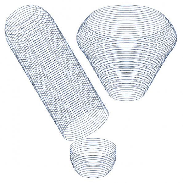 A 3D render of three abstract shapes formed from concentric blue wireframe circles. The shapes include a long cylinder, a wide cone and a small bowl.