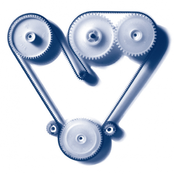 A series of blue and white gears and belts are arranged to form the shape of a heart. The mechanical parts are set against a plain white background.