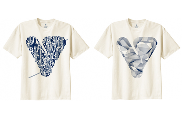 Two off-white T-shirts featuring different blue graphic prints. The left shirt shows a heart shape made of dense, linear patterns, while the right shirt features a heart composed of geometric, 3D-style facets.
