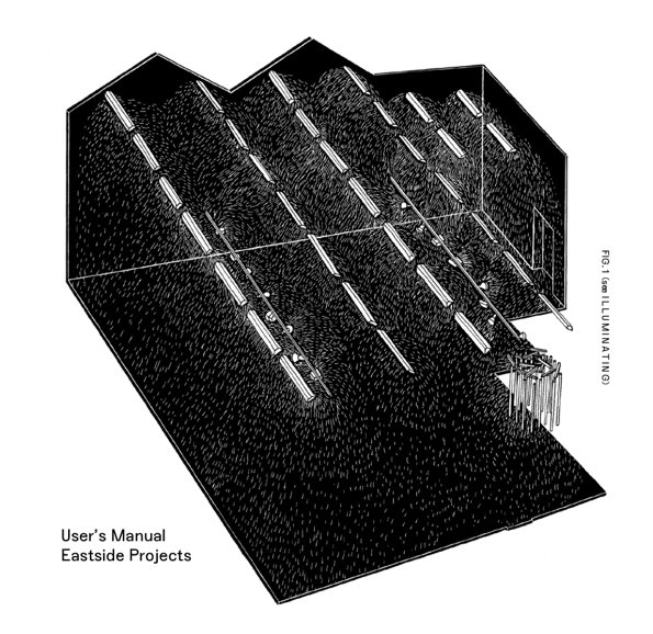 A black and white illustration of a room seen from an isometric perspective. Rows of long, glowing lights hang from the ceiling, casting light across a dark, textured floor. Text in the bottom left reads “User’s Manual Eastside Projects”, while a label on the right reads “FIG. 1 (see ILLUMINATING)”.