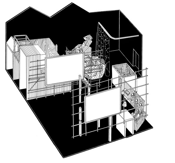 A black and white line drawing of a complex architectural installation inside a room. The structure features scaffolding, large blank screens and tiered platforms.