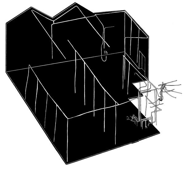 A white line drawing on a black background shows the interior of a house. Thin, skeletal lines define the walls and roof, with a small, abstract figure standing at the open doorway.