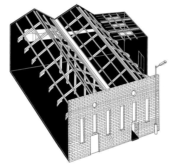 An isometric line drawing of a brick building with its roof partially removed. The exposed black interior reveals a series of white structural beams and a grid-like ceiling.
