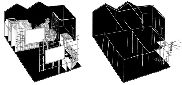 Two 3D renders of a room's interior on a black background. The first shows a complex installation with scaffolding and large white screens, while the second shows a simplified wireframe of the same space.