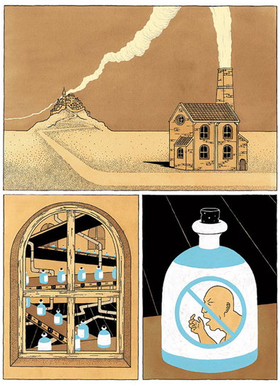 An illustration in three panels. The top panel shows a lone factory and a distant hilltop town, both emitting plumes of smoke into a beige sky. The bottom-left panel looks through a window at a factory interior where blue bottles move along a conveyor belt. The final panel is a close-up of a blue bottle with a label showing a person coughing inside a prohibited sign.