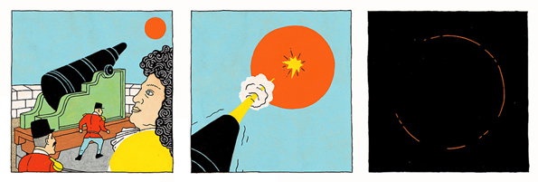 A three-panel illustration. In the first, two people in red uniforms stand by a large cannon aimed at a red sun. In the second, the cannon fires a yellow beam that hits the sun. The final panel is black, showing only a thin orange ring.