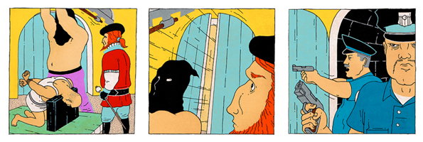 A three-panel comic strip. In the first two panels, a person in a red tunic and black hat watches another person tied to a wall. The final panel shows two police officers in blue uniforms holding guns.