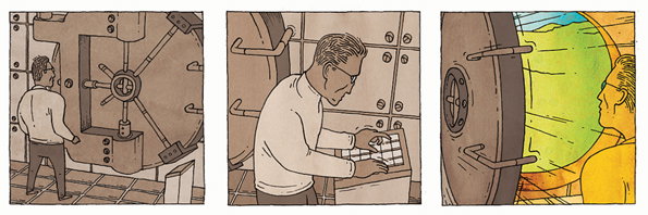 A three-panel illustration of a person opening a heavy vault door. In the final panel, the door swings open to reveal a bright, yellow-green landscape.
