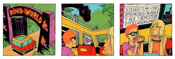 A three-panel comic strip. In the first, a red and yellow car drives under a sign that reads “DINO WORLD”. The second shows two people in the car as a dinosaur looks through the window. In the third, the two people eat burgers in a cafe with a menu listing “STEGOSTEAK+FRIES” and “T-REX T-BONESTEAK”.