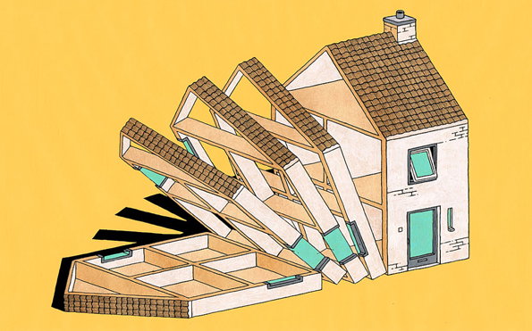 An illustration of a small house on a yellow background. The building is unfolding like a cardboard box, with its walls and roof peeling away to reveal the interior rooms.