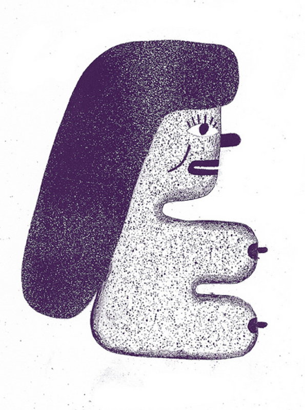 An illustration of a stylised figure in purple and white. The figure has a large, rounded purple hairstyle and a stippled body with simplified facial features and breasts.