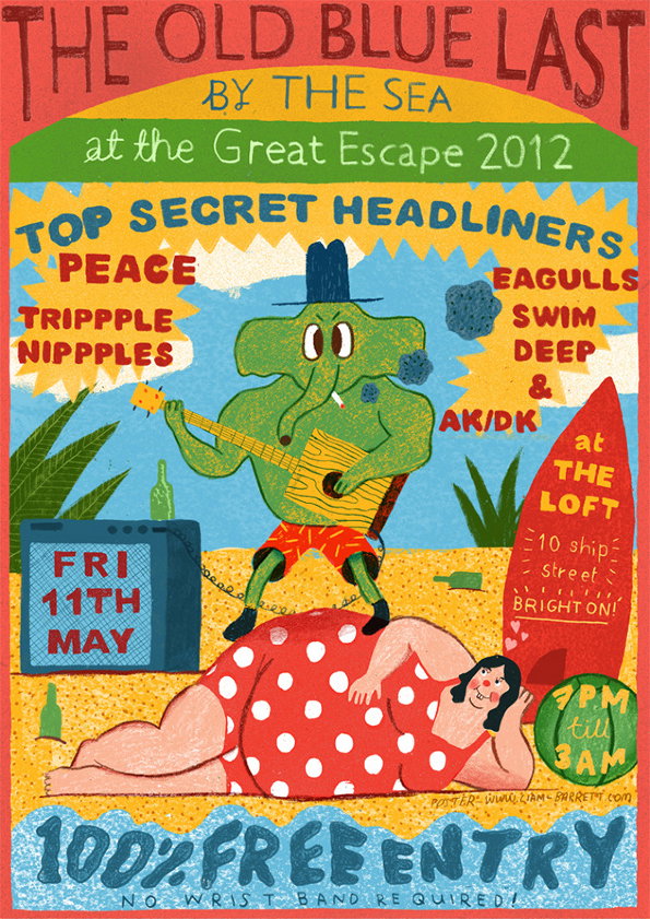 An illustration for a music event poster featuring a green elephant playing a guitar while standing on a person in a red polka-dot dress. Text at the top reads “The Old Blue Last by the Sea at the Great Escape 2012”. The poster lists “Top Secret Headliners” and bands including “Peace”, “Eagulls” and “Trippple Nippples”. Details at the bottom state “Fri 11th May” and “100% Free Entry”.