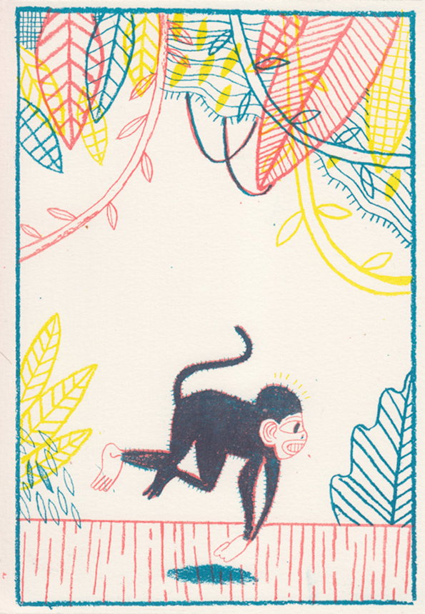 An illustration of a dark silhouette of a monkey leaping across a pink ground. Stylised leaves in red, yellow and blue frame the top and sides of the scene.