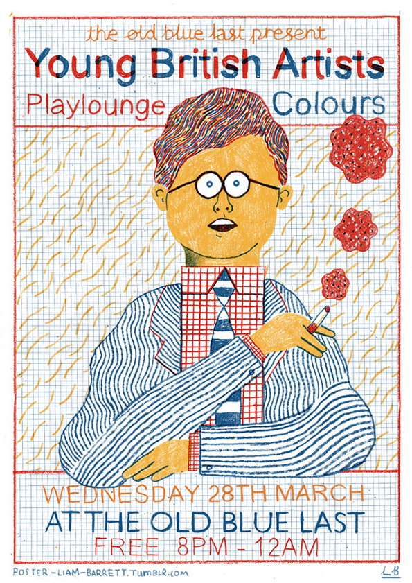 An illustration of a person with round glasses and a striped tie, set against a red and blue grid background. Text at the top reads “the old blue last present Young British Artists”, with “Playlounge” and “Colours” on either side. Details at the bottom announce the event on “Wednesday 28th March at the Old Blue Last”, from “Free 8pm – 12am”.