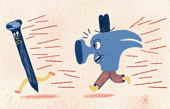An illustration of a blue hammer with a face and striped trousers chasing a nail. Both characters have thin legs and are running across a textured beige background.