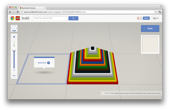 A screenshot of a web browser showing the “Build with Chrome” website. A 3D render of a colourful Lego pyramid sits on a grey grid, with a nearby prompt that reads “Build here”.