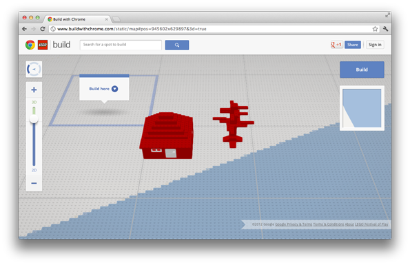A screenshot of a website titled “Build with Chrome” showing a 3D digital landscape. A small red Lego house and a red Lego plane sit on a grey grid.