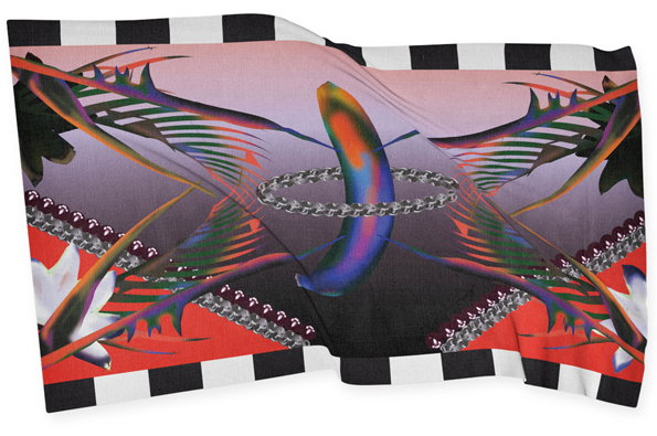 A digital collage featuring a central, curved blue and orange form encircled by a silver chain. Symmetrical, jagged green and purple shapes flank the centre against a gradient pink and grey background.