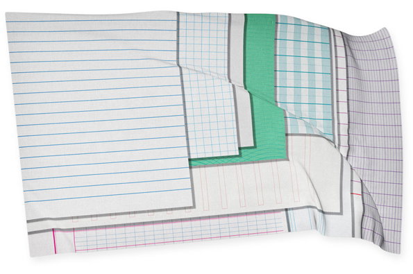 A fabric print featuring a collage of different types of notebook paper. The design includes blue-lined pages, green and blue grid patterns, and a red-lined graph section.