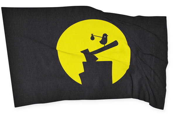 An illustration of a black silhouette of a bird perched on a branch, set against a large yellow circle. The bird holds a small bag in its beak, positioned above a blocky, abstract shape.