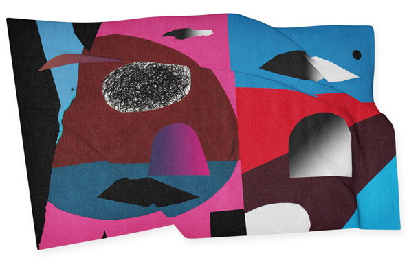 An abstract textile design featuring bold, overlapping shapes in pink, blue, red and black. The composition includes organic forms, a textured grey circle and a gradient arch.
