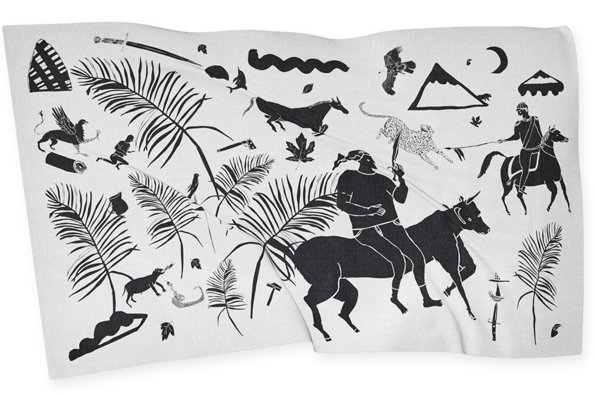 A black and white illustration of various figures and objects scattered across a white background. A person rides a bull in the centre, surrounded by palm fronds, animals and a rider on horseback.