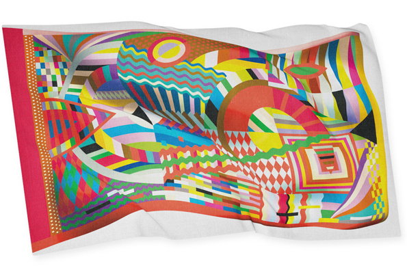 A colourful silk scarf featuring a complex, abstract composition of geometric shapes and patterns. Vibrant stripes, grids and concentric circles overlap in a kaleidoscopic arrangement of primary colours.