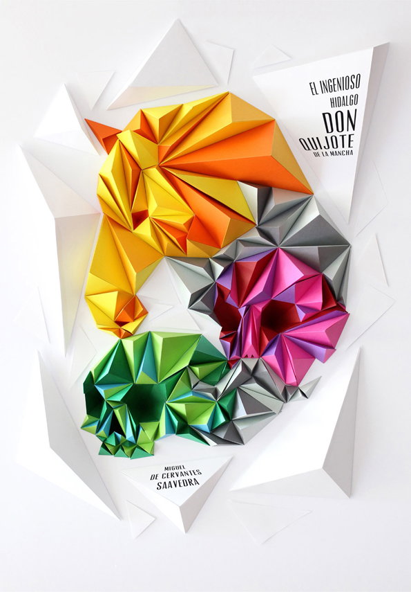 A 3D paper sculpture of a face created from sharp, geometric folds in yellow, magenta, and green. To the right, text reads “El ingenioso hidalgo Don Quijote de la Mancha”, with “Miguel de Cervantes Saavedra” written below.