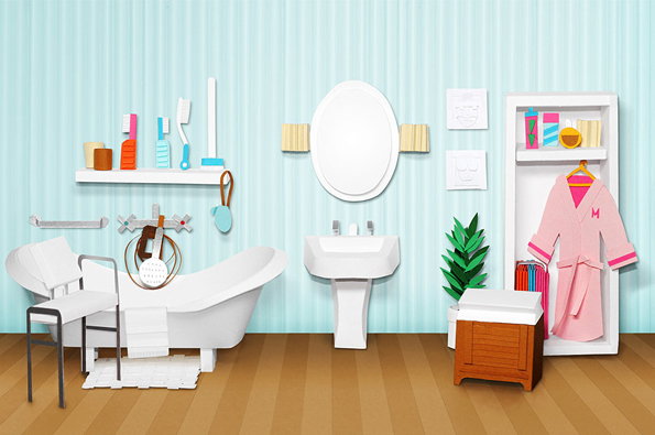 A 3D render of a bathroom with a light blue striped wall and wooden floor. A white bathtub, sink and mirror are arranged alongside a pink dressing gown hanging in a white wardrobe.