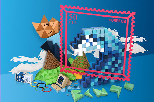 A 3D render of a surreal blue landscape featuring geometric shapes and a pixelated blue creature. A pink perforated stamp border frames the creature, with the text “50 PTA” and “CORREOS” at the top.